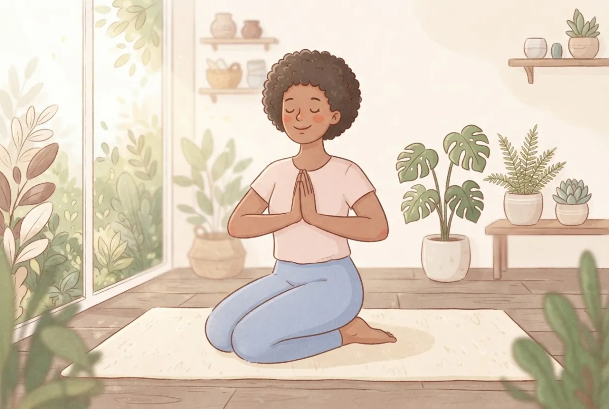 Illustration of a woman kneeling on a yoga mat with her eyes closed and her palms together at her chest
