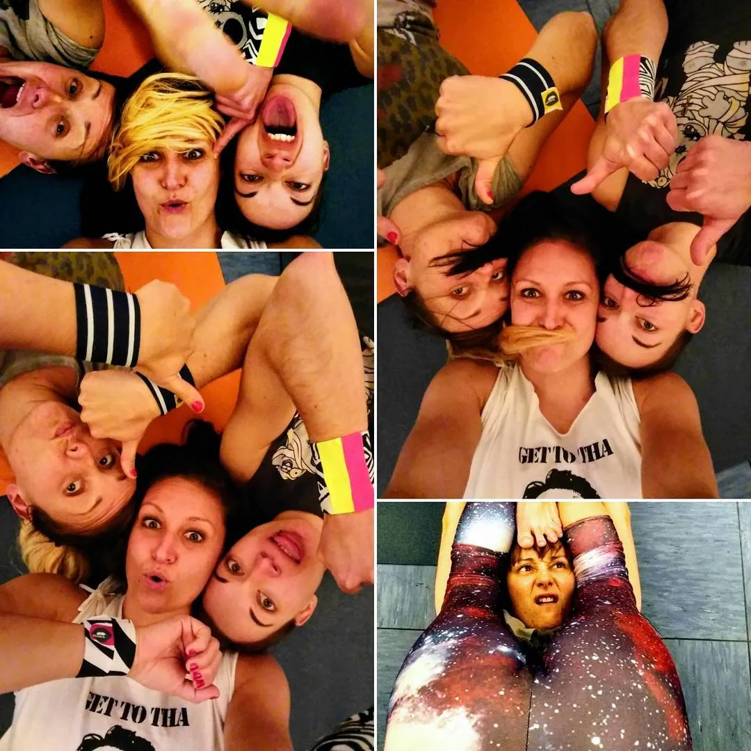 Collage of pole students lying on a studio floor pulling silly faces at the camera, several wearing colourful wrist wraps on their raised arms